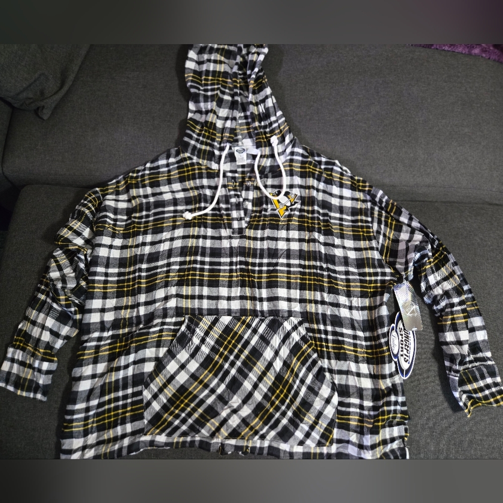 Womens Cropped Pittsburgh Penguins Plaid Hooded Shirt - NHL - XL - NWT